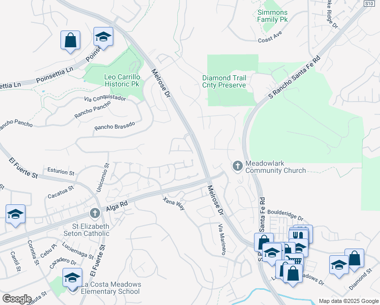 map of restaurants, bars, coffee shops, grocery stores, and more near 3085 Via Maximo in Carlsbad
