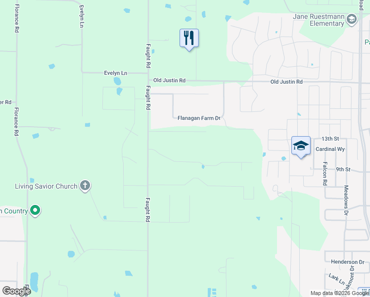 map of restaurants, bars, coffee shops, grocery stores, and more near 7331 Faught Road in Argyle