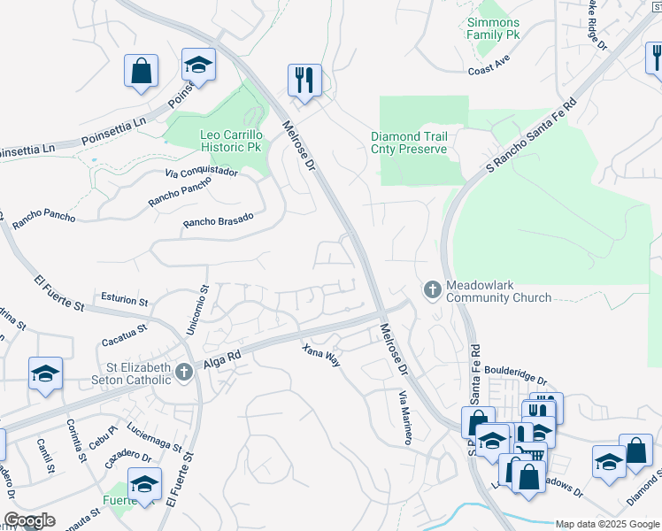map of restaurants, bars, coffee shops, grocery stores, and more near 3071 Via Maximo in Carlsbad