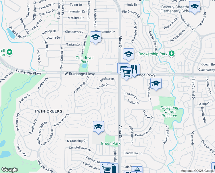 map of restaurants, bars, coffee shops, grocery stores, and more near 1314 Salado Drive in Allen