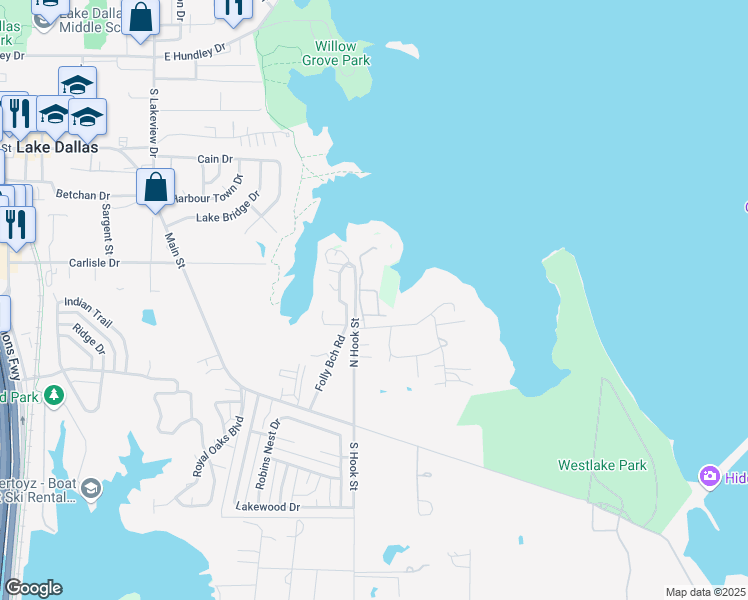 map of restaurants, bars, coffee shops, grocery stores, and more near 500 Water's Edge Drive in Lake Dallas