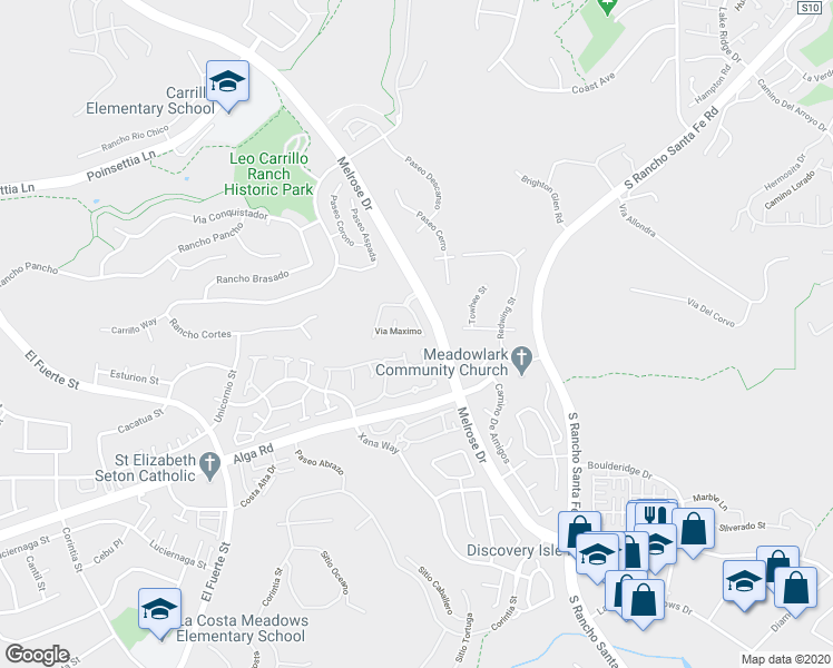 map of restaurants, bars, coffee shops, grocery stores, and more near 3085 Via Maximo in Carlsbad