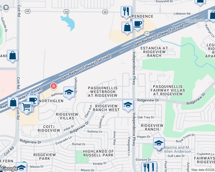 map of restaurants, bars, coffee shops, grocery stores, and more near 9913 Rockwall Road in Plano