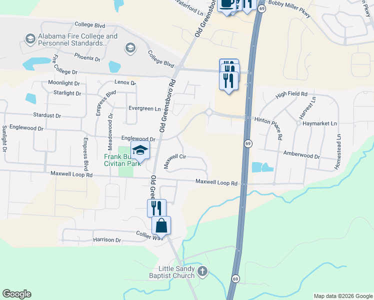 map of restaurants, bars, coffee shops, grocery stores, and more near 10293 Maxwell Way in Tuscaloosa