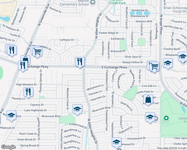 map of restaurants, bars, coffee shops, grocery stores, and more near 1310 Sandy Creek Drive in Allen