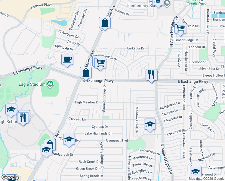 map of restaurants, bars, coffee shops, grocery stores, and more near 1106 Candlewood Drive in Allen