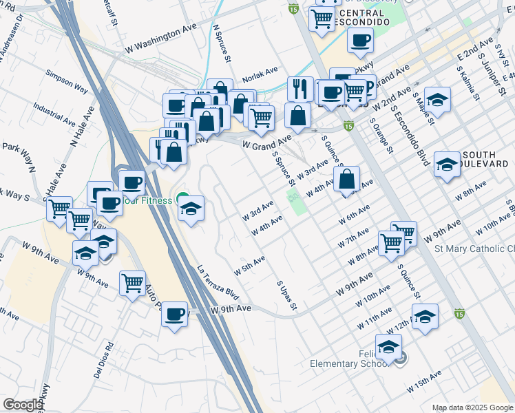 map of restaurants, bars, coffee shops, grocery stores, and more near 936 West 3rd Avenue in Escondido