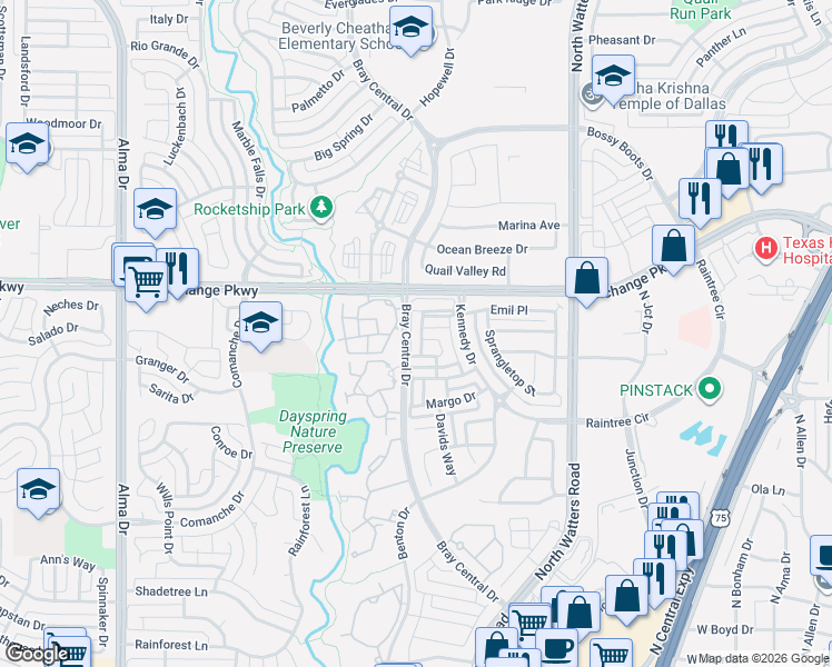 map of restaurants, bars, coffee shops, grocery stores, and more near 1034 Zachary Way in Allen