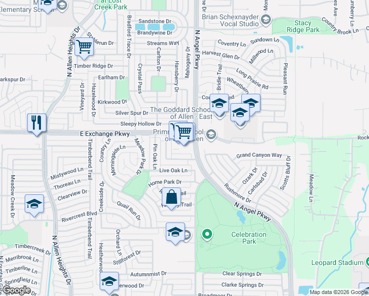 map of restaurants, bars, coffee shops, grocery stores, and more near 1520 West Exchange Parkway in Allen