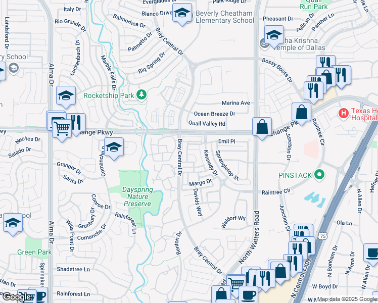 map of restaurants, bars, coffee shops, grocery stores, and more near 1060 Atherton Place in Allen