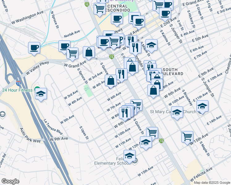 map of restaurants, bars, coffee shops, grocery stores, and more near 600 West 6th Avenue in Escondido