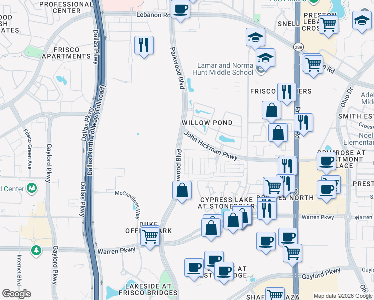 map of restaurants, bars, coffee shops, grocery stores, and more near 8137 Snowmass Drive in Frisco