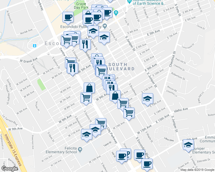map of restaurants, bars, coffee shops, grocery stores, and more near 810 South Escondido Boulevard in Escondido