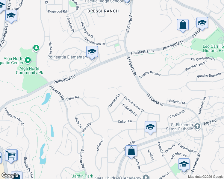map of restaurants, bars, coffee shops, grocery stores, and more near 2511 La Golondrina Street in Carlsbad