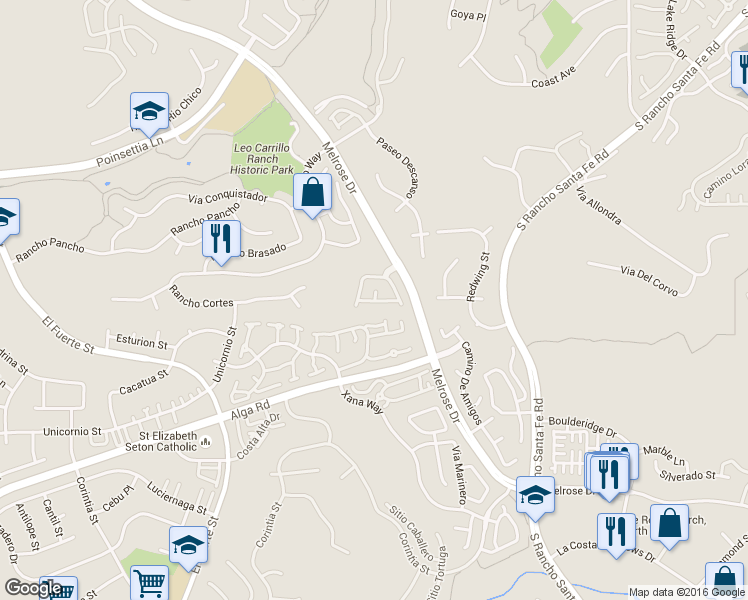 map of restaurants, bars, coffee shops, grocery stores, and more near 3071 Via Maximo in Carlsbad
