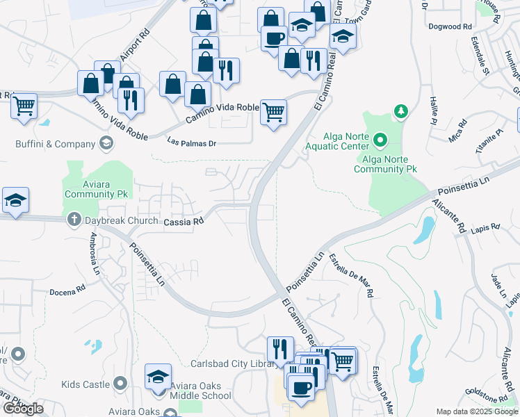 map of restaurants, bars, coffee shops, grocery stores, and more near 1820 Cassia Road in Carlsbad