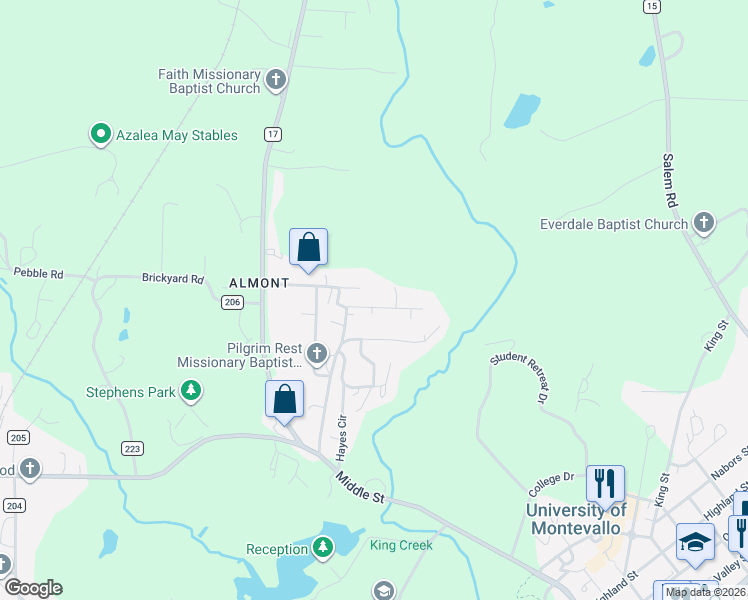 map of restaurants, bars, coffee shops, grocery stores, and more near 69 Dubose Drive in Montevallo