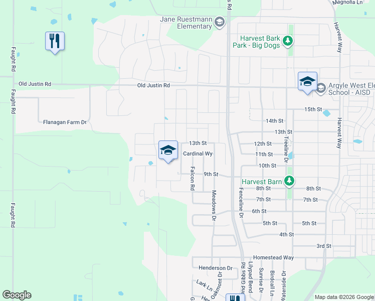 map of restaurants, bars, coffee shops, grocery stores, and more near 1916 Cardinal Way in Argyle