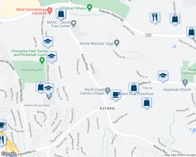 map of restaurants, bars, coffee shops, grocery stores, and more near 6603 Daylily Drive in Carlsbad