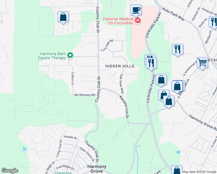 map of restaurants, bars, coffee shops, grocery stores, and more near 2758 Kauana Loa Drive in Escondido