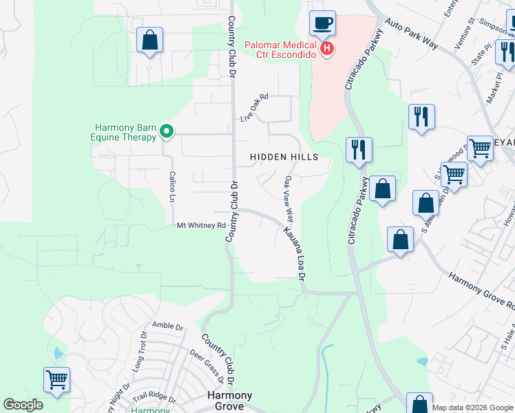 map of restaurants, bars, coffee shops, grocery stores, and more near 2758 Kauana Loa Drive in Escondido