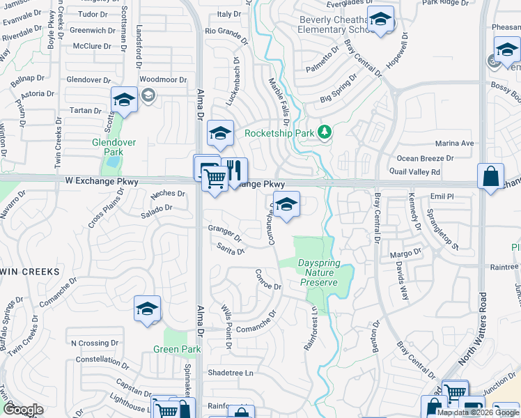 map of restaurants, bars, coffee shops, grocery stores, and more near 1103 Padre Circle in Allen