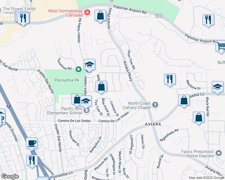map of restaurants, bars, coffee shops, grocery stores, and more near 6591 Windflower Drive in Carlsbad