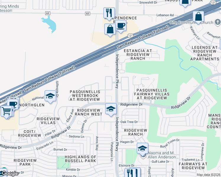 map of restaurants, bars, coffee shops, grocery stores, and more near 9925 Dryden Lane in Plano
