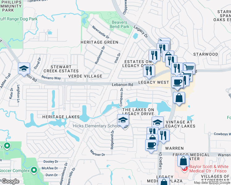 map of restaurants, bars, coffee shops, grocery stores, and more near 4147 Sardinia Way in Frisco