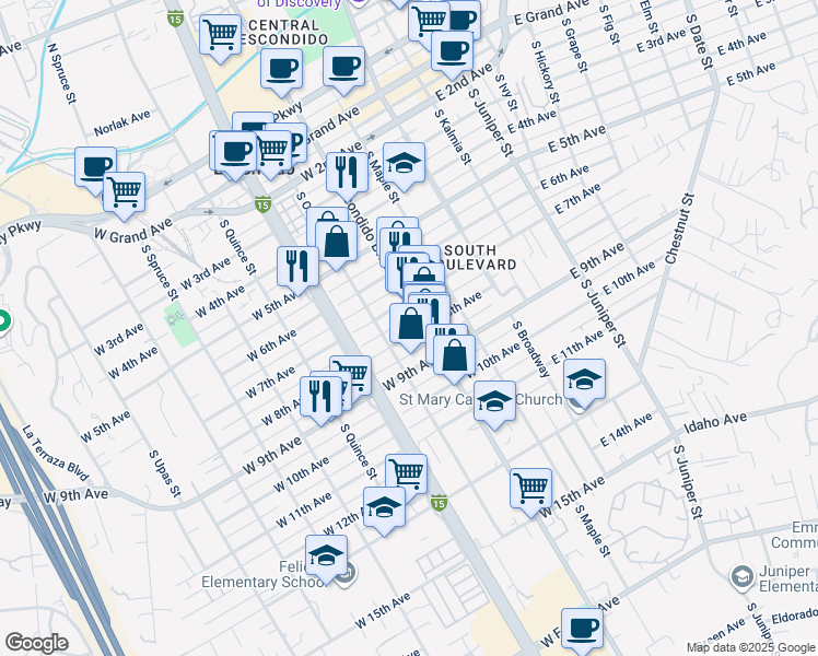 map of restaurants, bars, coffee shops, grocery stores, and more near 320 West 8th Avenue in Escondido