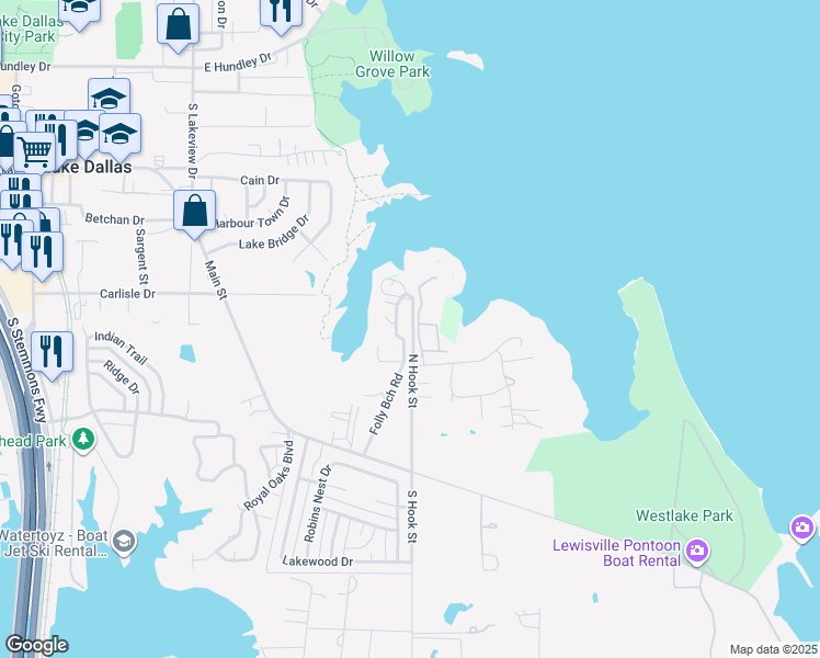 map of restaurants, bars, coffee shops, grocery stores, and more near 205 North Hook Street in Lake Dallas