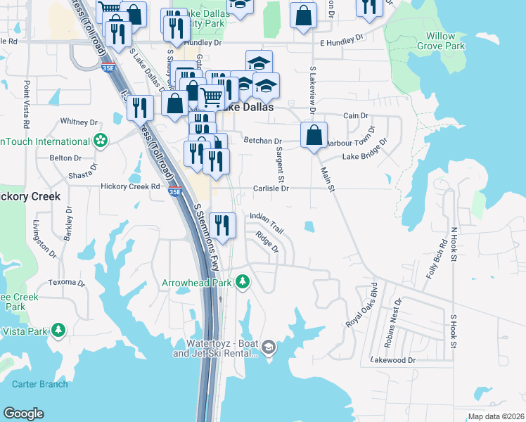 map of restaurants, bars, coffee shops, grocery stores, and more near 34 Indian Trail in Lake Dallas