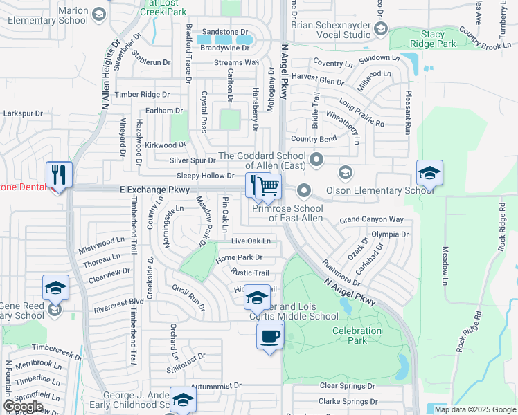 map of restaurants, bars, coffee shops, grocery stores, and more near 1512 East Exchange Parkway in Allen