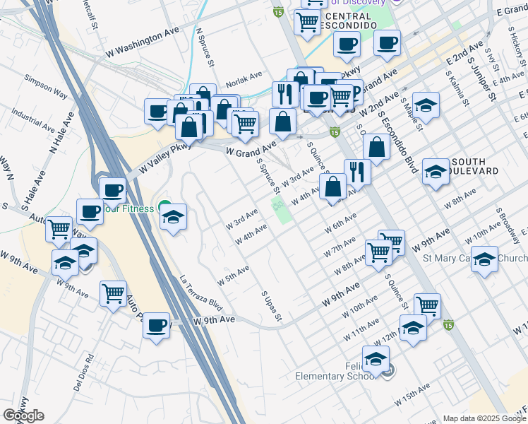map of restaurants, bars, coffee shops, grocery stores, and more near 312 South Tulip Street in Escondido
