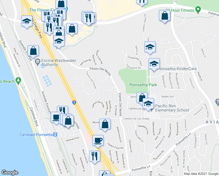 map of restaurants, bars, coffee shops, grocery stores, and more near 6679 Paseo Del Norte in Carlsbad