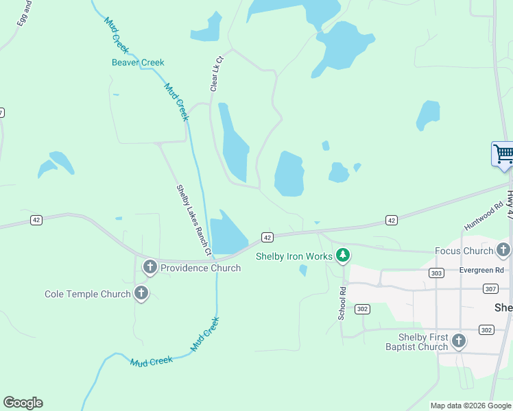 map of restaurants, bars, coffee shops, grocery stores, and more near Burton Road in Shelby