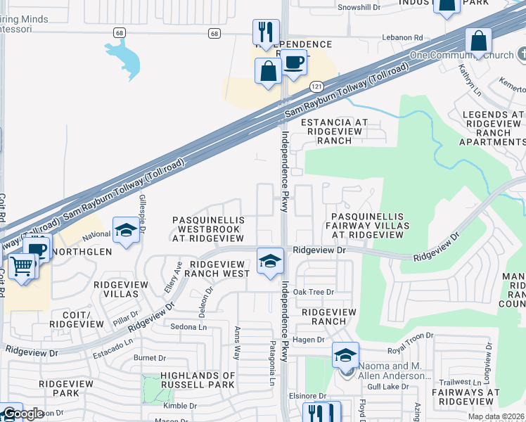 map of restaurants, bars, coffee shops, grocery stores, and more near 9925 Dryden Lane in Plano