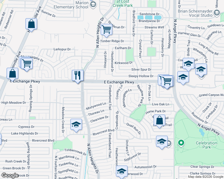 map of restaurants, bars, coffee shops, grocery stores, and more near 1100 Timberbend Trail in Allen