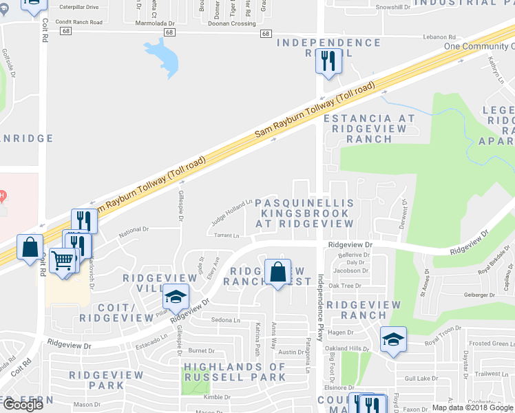 map of restaurants, bars, coffee shops, grocery stores, and more near 9913 Rockwall Road in Plano