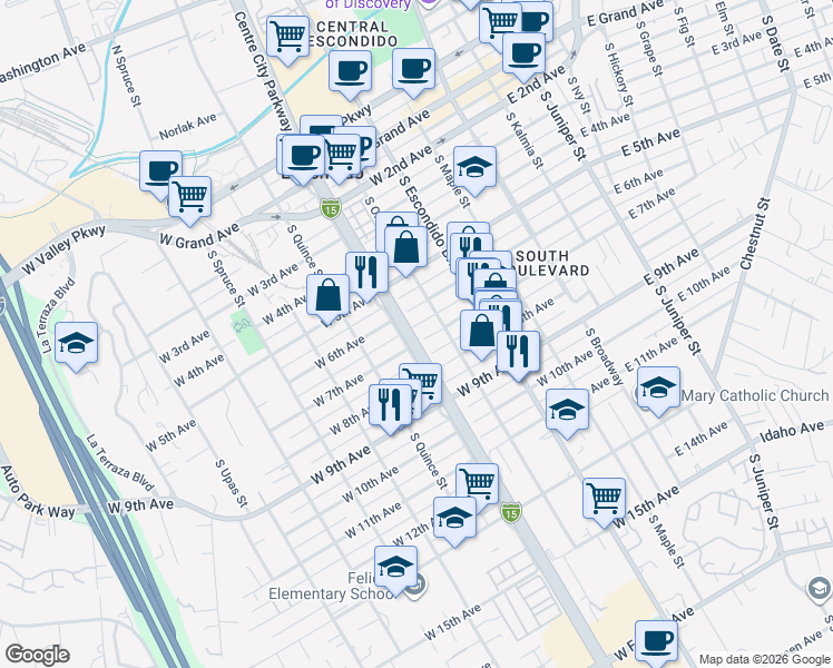 map of restaurants, bars, coffee shops, grocery stores, and more near 442 West 7th Avenue in Escondido