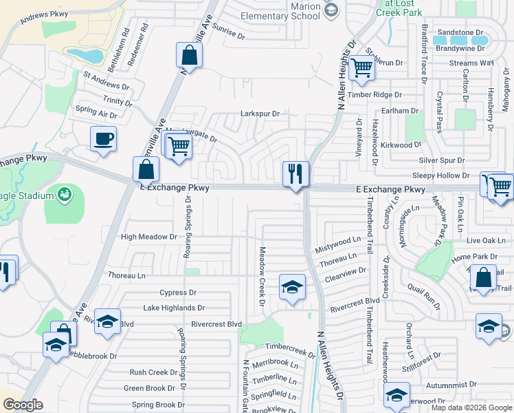 map of restaurants, bars, coffee shops, grocery stores, and more near 1105 Sandy Creek Drive in Allen