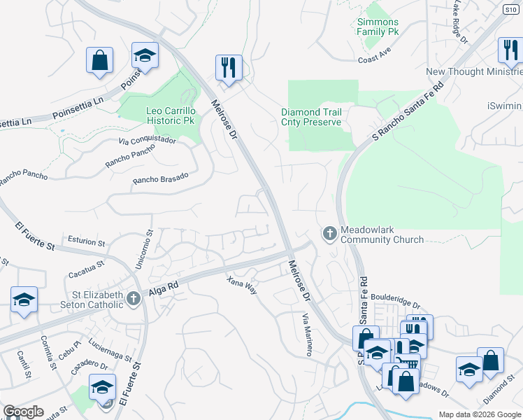 map of restaurants, bars, coffee shops, grocery stores, and more near 3090 Via Maximo in Carlsbad
