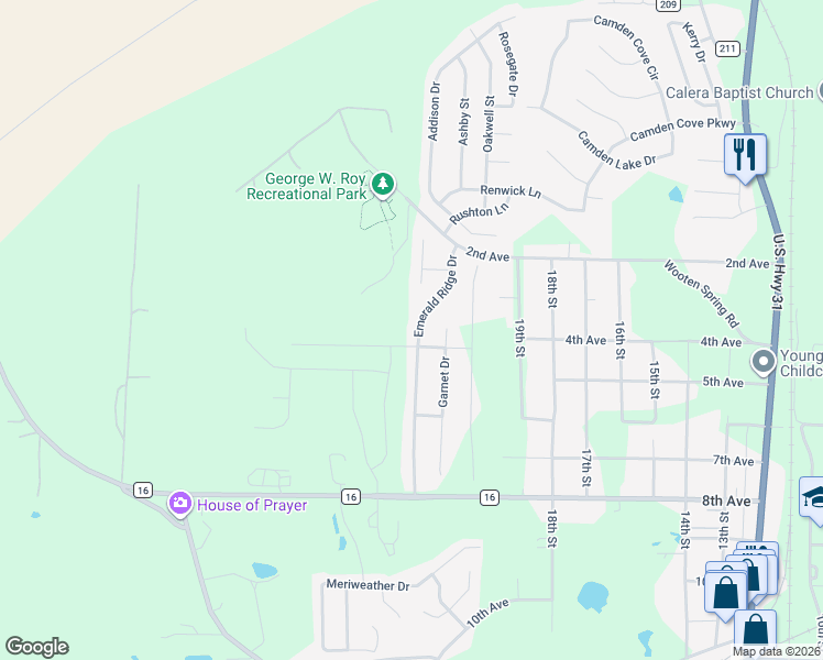 map of restaurants, bars, coffee shops, grocery stores, and more near 1072 Emerald Ridge Drive in Calera