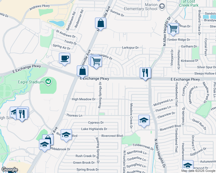 map of restaurants, bars, coffee shops, grocery stores, and more near 1106 Candlewood Drive in Allen