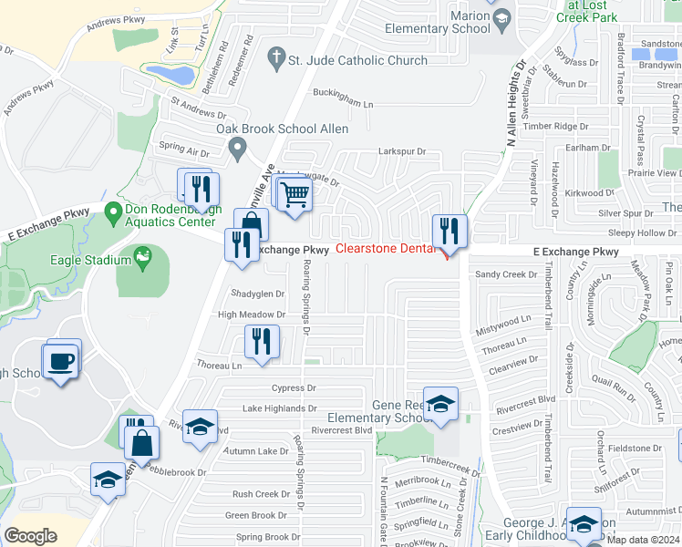 map of restaurants, bars, coffee shops, grocery stores, and more near 1107 Mill Run Drive in Allen