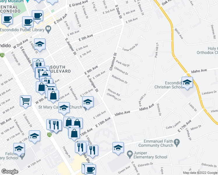 map of restaurants, bars, coffee shops, grocery stores, and more near 1150 Chestnut Street in Escondido