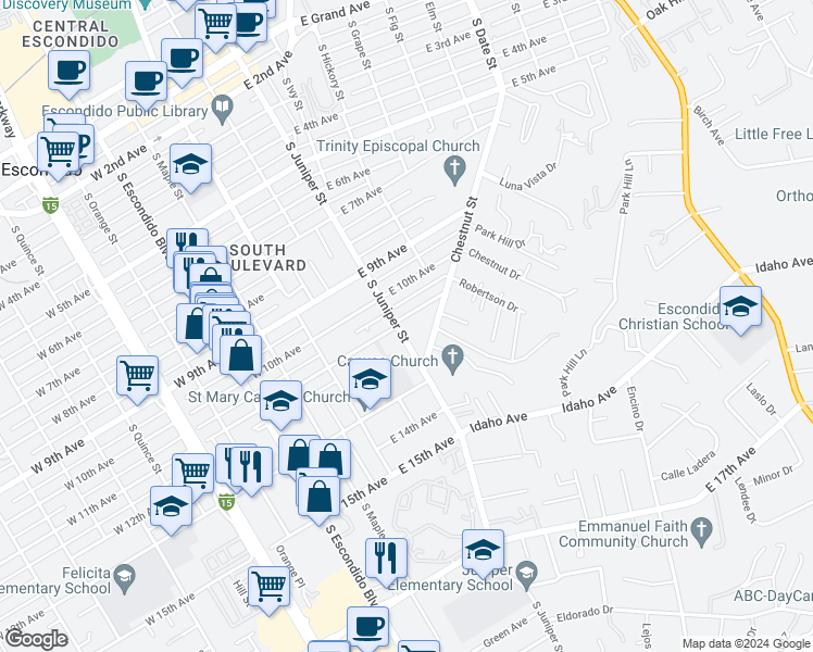 map of restaurants, bars, coffee shops, grocery stores, and more near 1102 South Juniper Street in Escondido