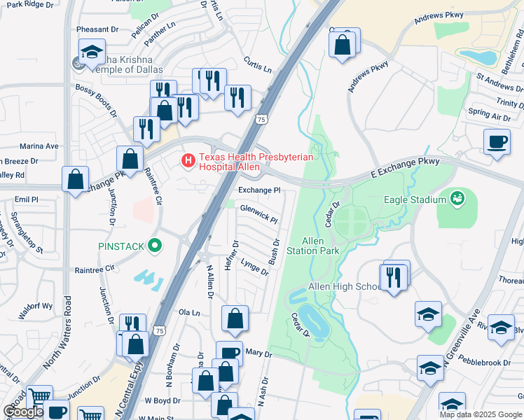 map of restaurants, bars, coffee shops, grocery stores, and more near 208 Glenwick Place in Allen