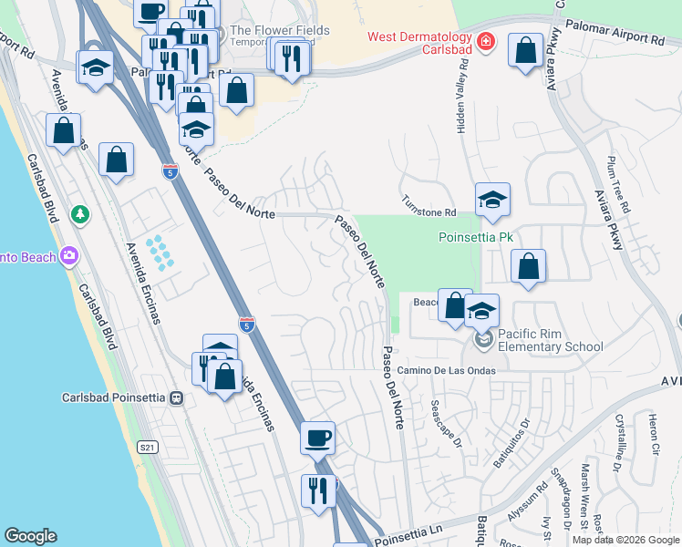 map of restaurants, bars, coffee shops, grocery stores, and more near 911 Caminito Madrigal in Carlsbad