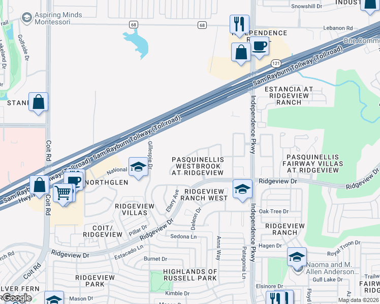 map of restaurants, bars, coffee shops, grocery stores, and more near 3185 Judge Holland Lane in Plano